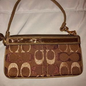 Coach brown shimmer wristlet signature print